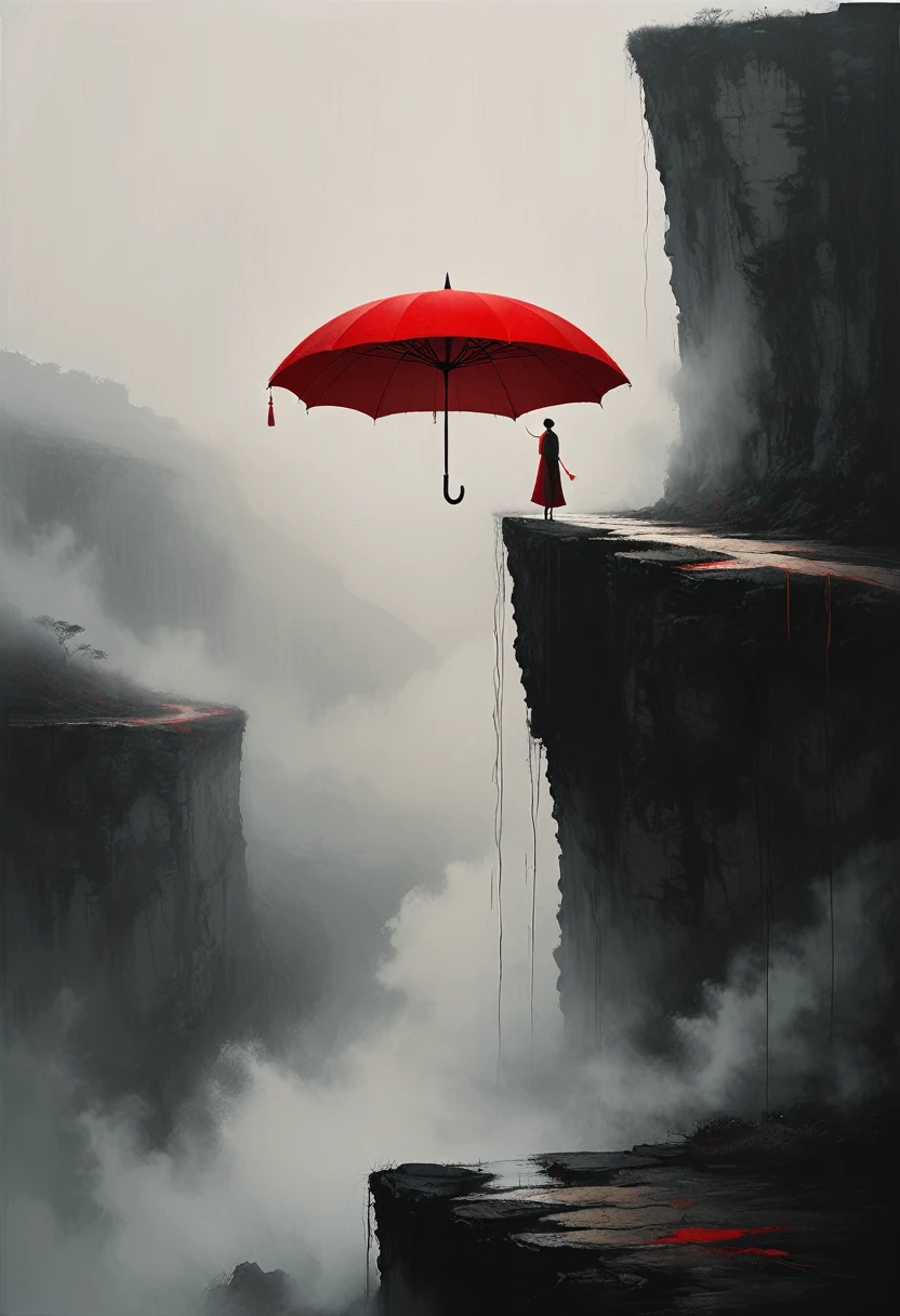a simple,minimalist illustration, 1 red umbrella suspended in the air,tassels on the umbrella,solitary figure,on a cliff edge,bridge