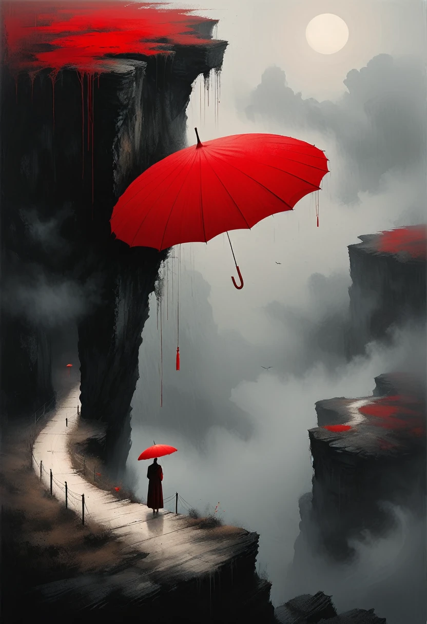 a simple,minimalist illustration, 1 red umbrella suspended in the air,tassels on the umbrella,solitary figure,on a cliff edge,bridge