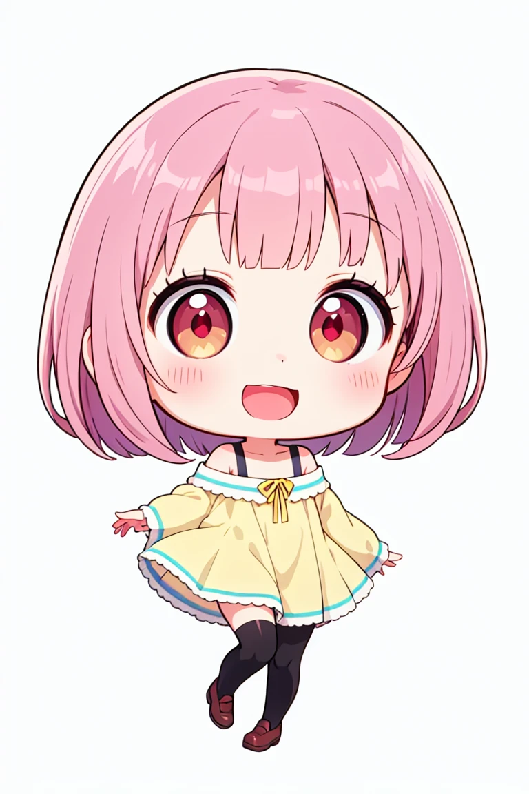 chibi, flat color, solo, full body, cute, (highest quality), pink Hair, Red Eyes, bob cut, ((wavy hair)), off shoulder, Beautiful Eyes, A big smile, A bright and curious personality, Mood makers, Cheerful, open mouth, (yellow Sleep dress), white background, (masterpiece)