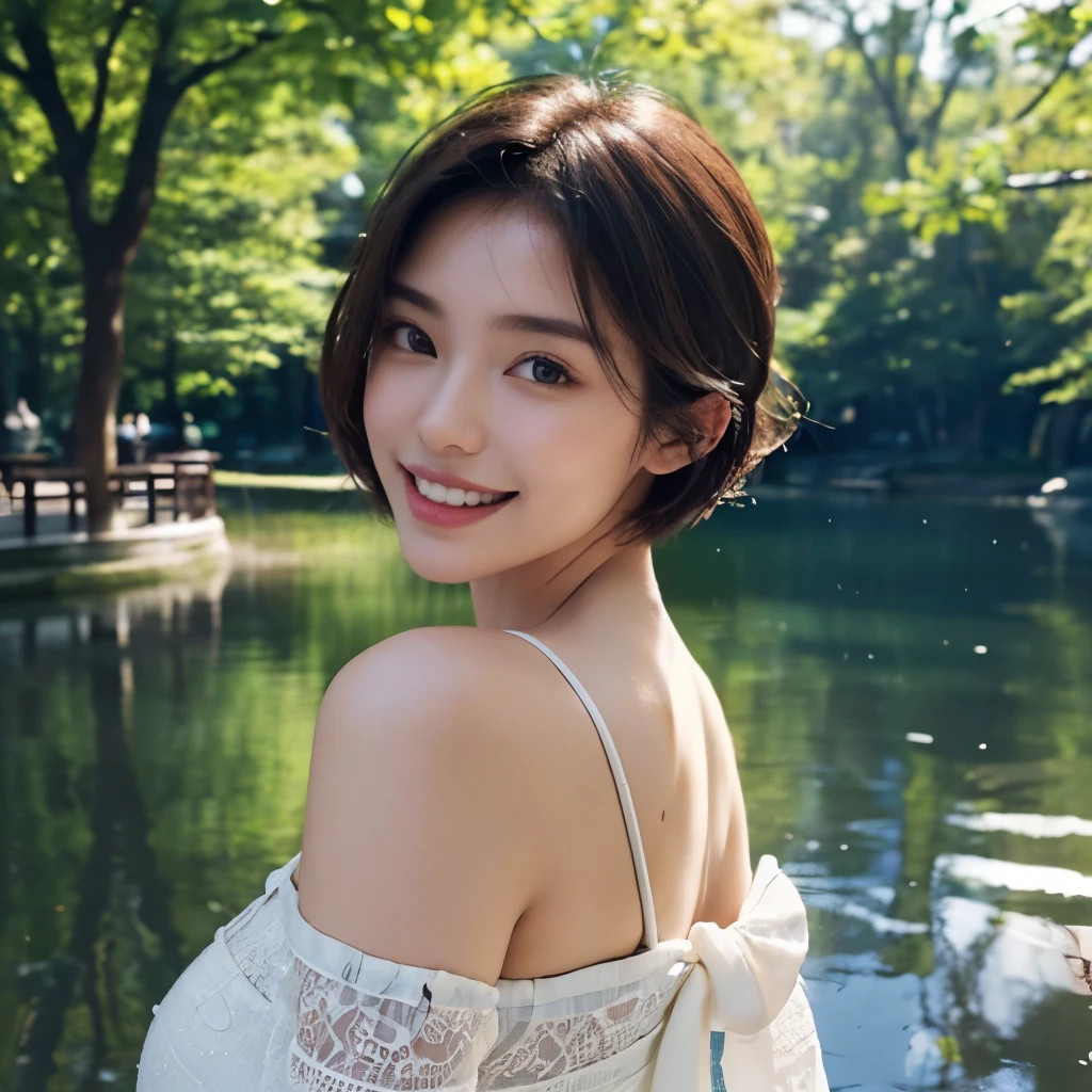 (Best Quality,16k,A high resolution,Masterpiece:1.2),ultra detailed,(beautiful japanese girl:1.3),big breasts:1.4,Short midi hair cut with light brown highlights, (realist,photorealistic,photorealistic:1.37),Korean fashion beauty,Japanese and Korean beauties,beautiful and innocent,detailed eyes and face,beautiful detailed lips,long eyelashes,natural eyebrows,Slimming,Fashion, big toothy smile, (beautiful,charming:1.1), vivid colors, fading lights,Stylish clothing and accessories,upper body, sunny day in the park,The image would reflect peace, nature and serenity.