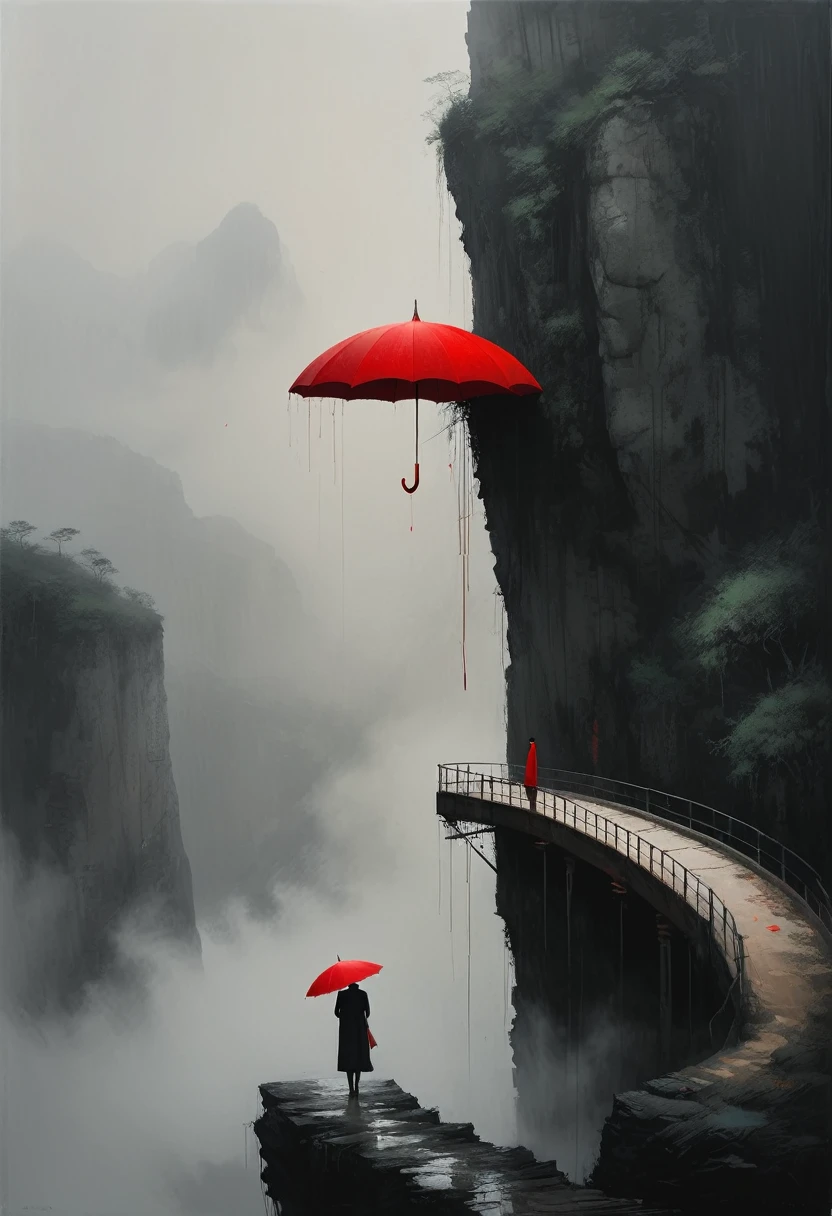 a simple,minimalist illustration, 1 red umbrella suspended in the air,tassels on the umbrella,solitary figure,on a cliff edge,bridge