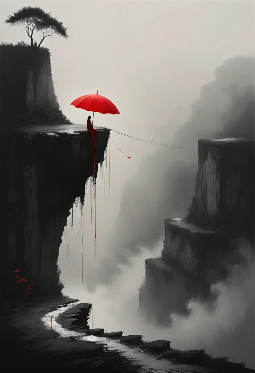 a simple,minimalist illustration, 1 red umbrella suspended in the air,tassels on the umbrella,solitary figure,on a cliff edge,bridge