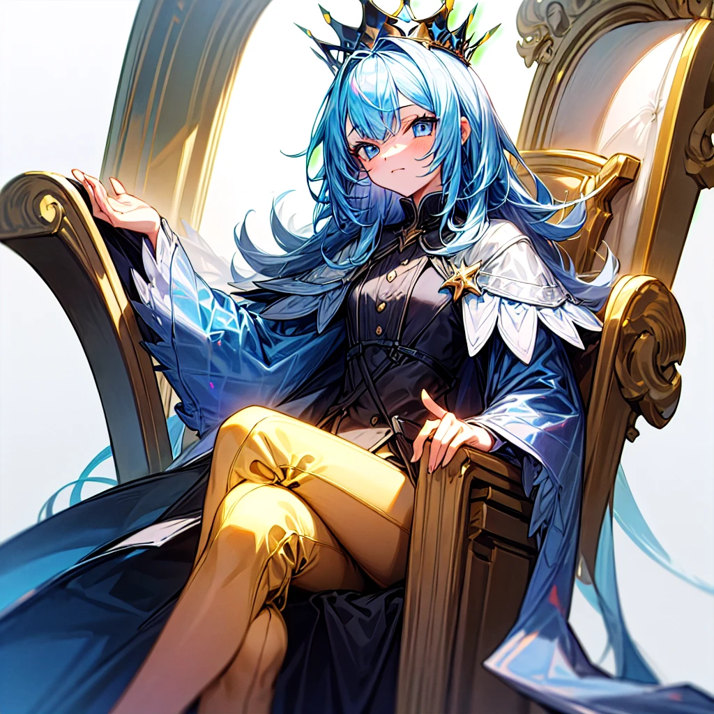 flat vector art,vector illustration, Holographic,1girl,sitting on a fancy chair,crossing legs,soft light, masterpiece, best quality, with crown, white background,,