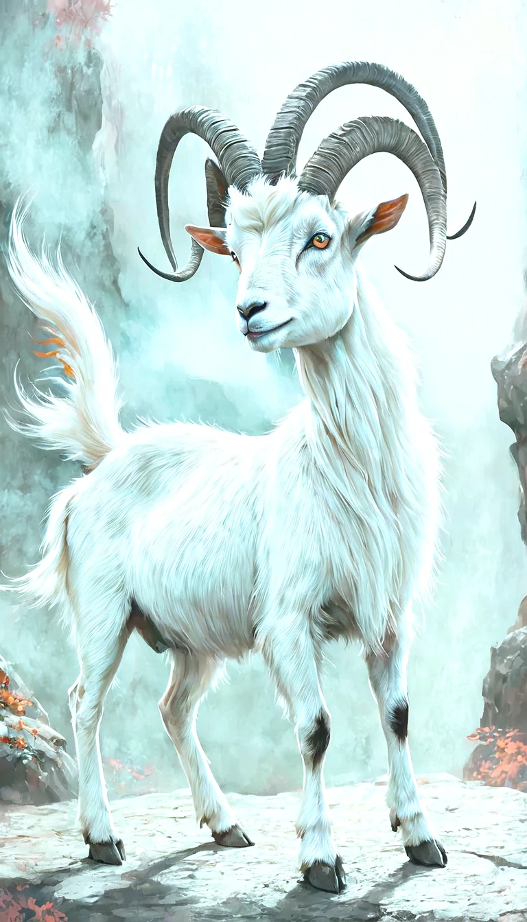 山林里的神秘Fantasy Creatures, （Goat-like appearance,No eyes，There is a big eye on the back, Four ears, Nine long tails） Side View (best quality, 4K, 8K, High-rise, masterpiece: 1.2), Ultrafine, (Practical, photo Practical, photo Practical: 1.37), Detailed Animals, complex pattern, Dramatic Lighting, Fantasy Creatures