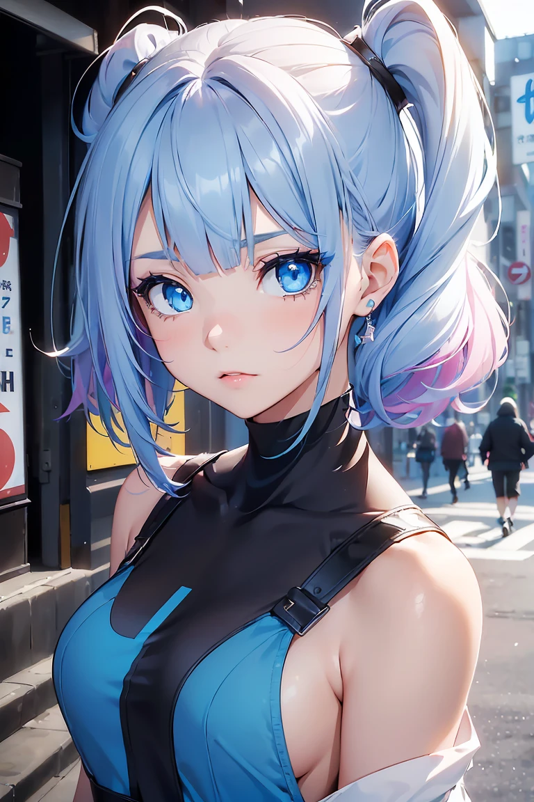 ((1 Girl)), Latest Fashion Trends, Street fashion,cute, Medium Chest, Low Ponytail,sit,((Very detailed,Highest quality, High resolution, 8k wallpaper, Beautiful clothes,)),((Pastel colored hair, Shortcuts,Side Up, ((Asymmetrical bangs)) ,(Bright Blue Eyes),eye shadow, eyeliner,Glowing Eyes, Very detailed目, Complex eyes, Beautiful Eyes, 輝くBright Blue Eyes, 18-year-old girl