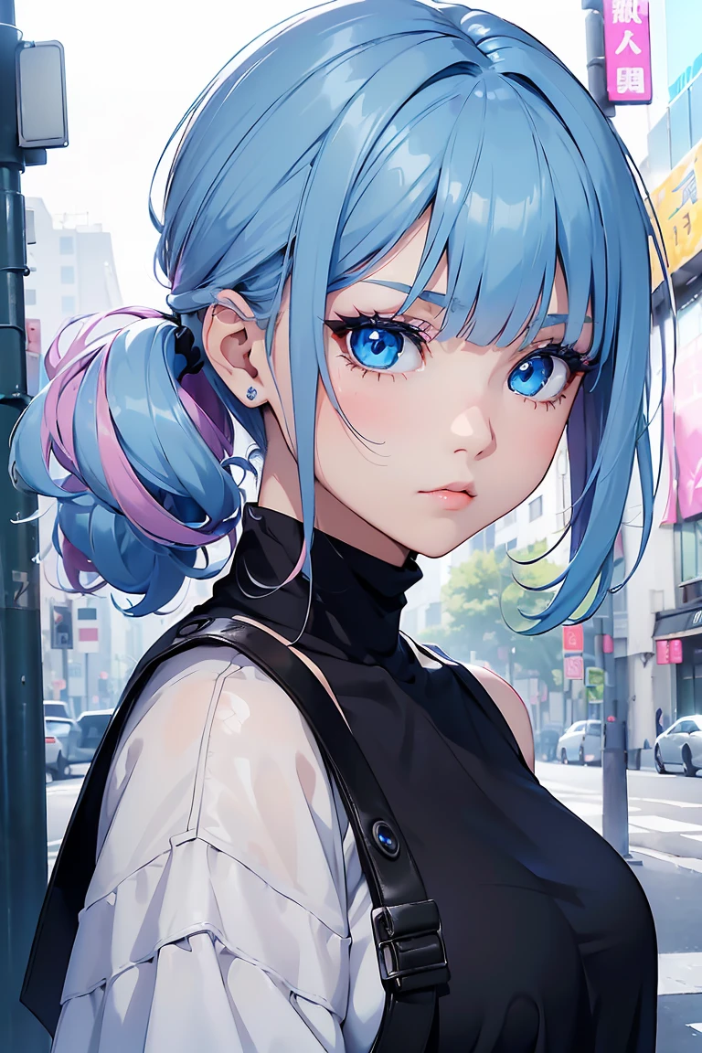 ((1 Girl)), Latest Fashion Trends, Street fashion,cute, Medium Chest, Low Ponytail,sit,((Very detailed,Highest quality, High resolution, 8k wallpaper, Beautiful clothes,)),((Pastel colored hair, Shortcuts,Side Up, ((Asymmetrical bangs)) ,(Bright Blue Eyes),eye shadow, eyeliner,Glowing Eyes, Very detailed目, Complex eyes, Beautiful Eyes, 輝くBright Blue Eyes, 18-year-old girl