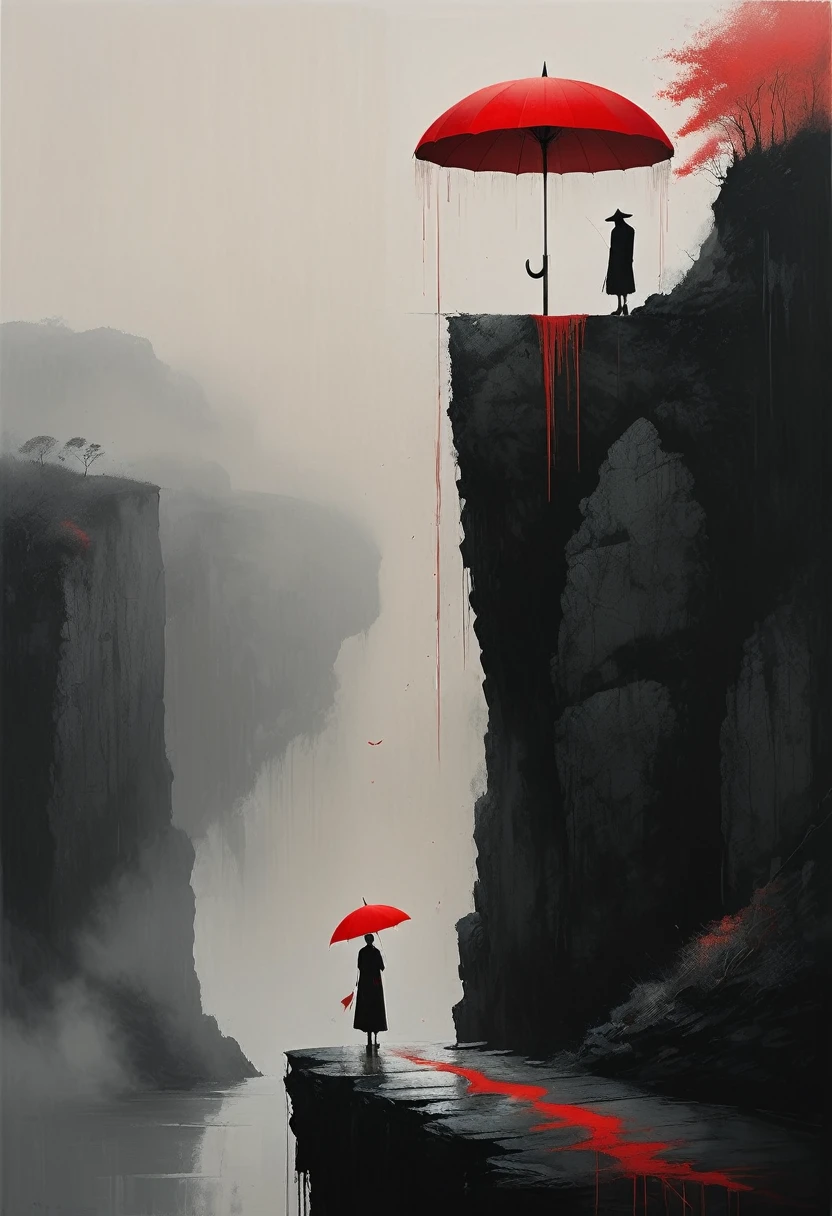 a simple,minimalist illustration, 1 red umbrella suspended in the air,tassels on the umbrella,solitary figure,on a cliff edge,bridge