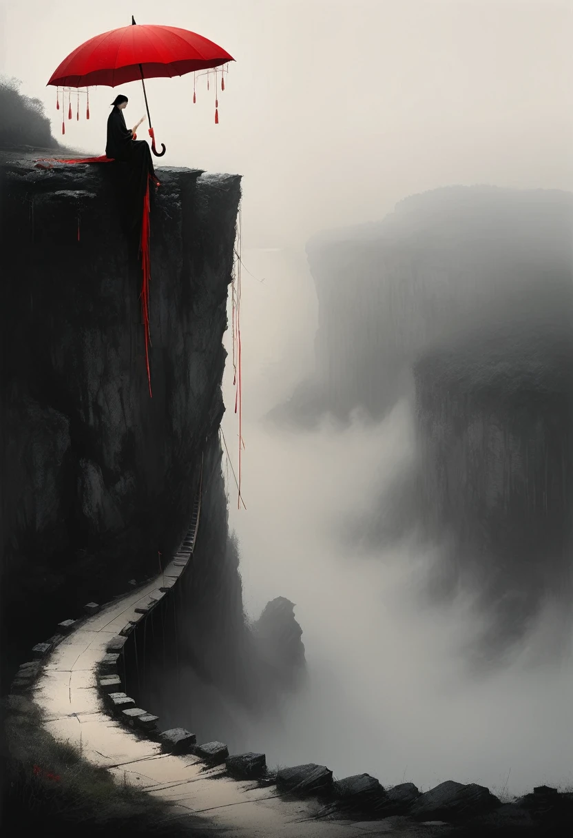a simple,minimalist illustration, 1 red umbrella suspended in the air,tassels on the umbrella,solitary figure,on a cliff edge,bridge