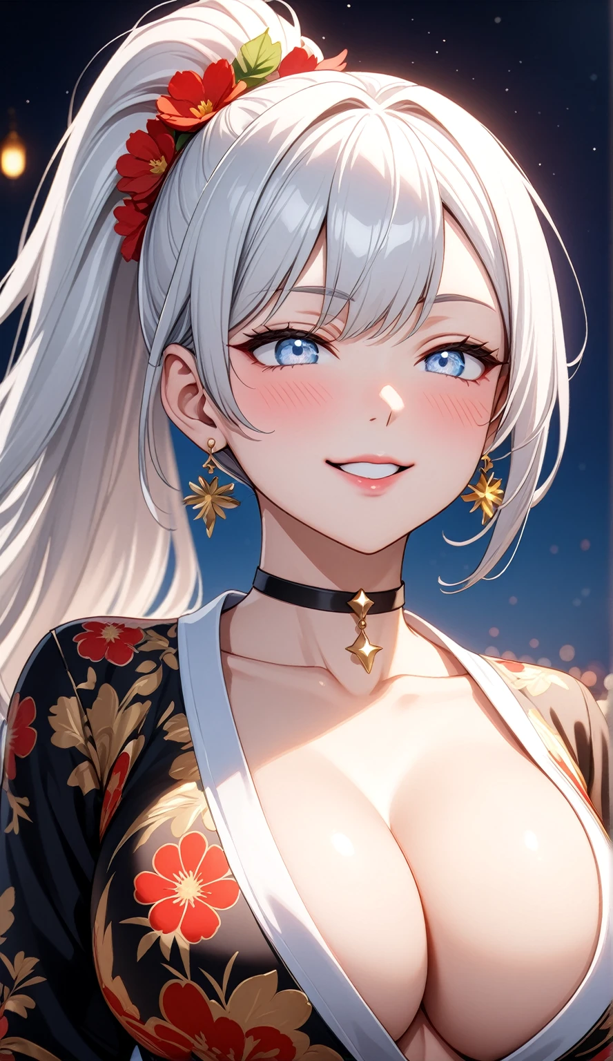 ((One personの女性)), Beautiful Face, (Laughing embarrassedly), (naughty face), ((Wink:1.8)), Laugh with your mouth wide open,((Bright red cheeks:1.4)),Shiny red lips, night,横浜のnight景,You can see the ocean, firework,,Glossy pink lips,Facial lighting,((Anime style background)),masterpiece, Highest quality, so beautiful,up to date, Complex details, (Pink long nails), (ring),(bracelet),(choker),AI-generated, Complex,High resolution, Highest quality, super high quality,3D Images、3D Images,One person,Long white hair,High Ponytail,(blue eyes),Anime woman posing for a photo, ((Fine grain、Silvery white colorful eyes、Shining Eyes:1.3)),(Squint your eyes:1.1),a hyperRealistic , hyperRealistic , Realistic,Anime woman with long white hair, Smooth anime CG art, A woman in a colorful kimono with gold embroidery, (Black long sleeve kimono),Red floral pattern,Long flower hair ornament,Earrings,Mature Body,(Big Breasts:1.1),Tall,Abdominal muscles,Narrow waist,(Zoom up to face), ((front view)),((Bring your arms together)),