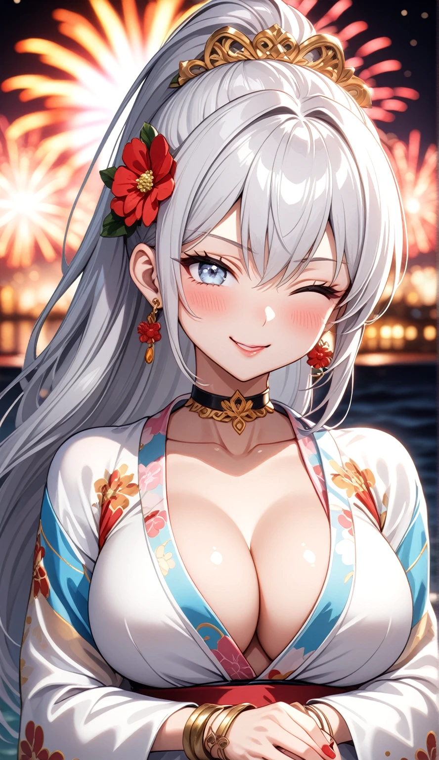 ((One personの女性)), Beautiful Face, (Laughing embarrassedly), (naughty face), ((Wink:1.8)), Laugh with your mouth wide open,((Bright red cheeks:1.4)),Shiny red lips, night,横浜のnight景,You can see the ocean, firework,,Glossy pink lips,Facial lighting,((Anime style background)),masterpiece, Highest quality, so beautiful,up to date, Complex details, (Pink long nails), (ring),(bracelet),(choker),AI-generated, Complex,High resolution, Highest quality, super high quality,3D Images、3D Images,One person,Long white hair,High Ponytail,(blue eyes),Anime woman posing for a photo, ((Fine grain、Silvery white colorful eyes、Shining Eyes:1.3)),(Squint your eyes:1.1),a hyperRealistic , hyperRealistic , Realistic,Anime woman with long white hair, Smooth anime CG art, A woman in a colorful kimono with gold embroidery, (Black long sleeve kimono),Red floral pattern,Long flower hair ornament,Earrings,Mature Body,(Big Breasts:1.1),Tall,Abdominal muscles,Narrow waist,(Zoom up to face), ((front view)),((Bring your arms together)),