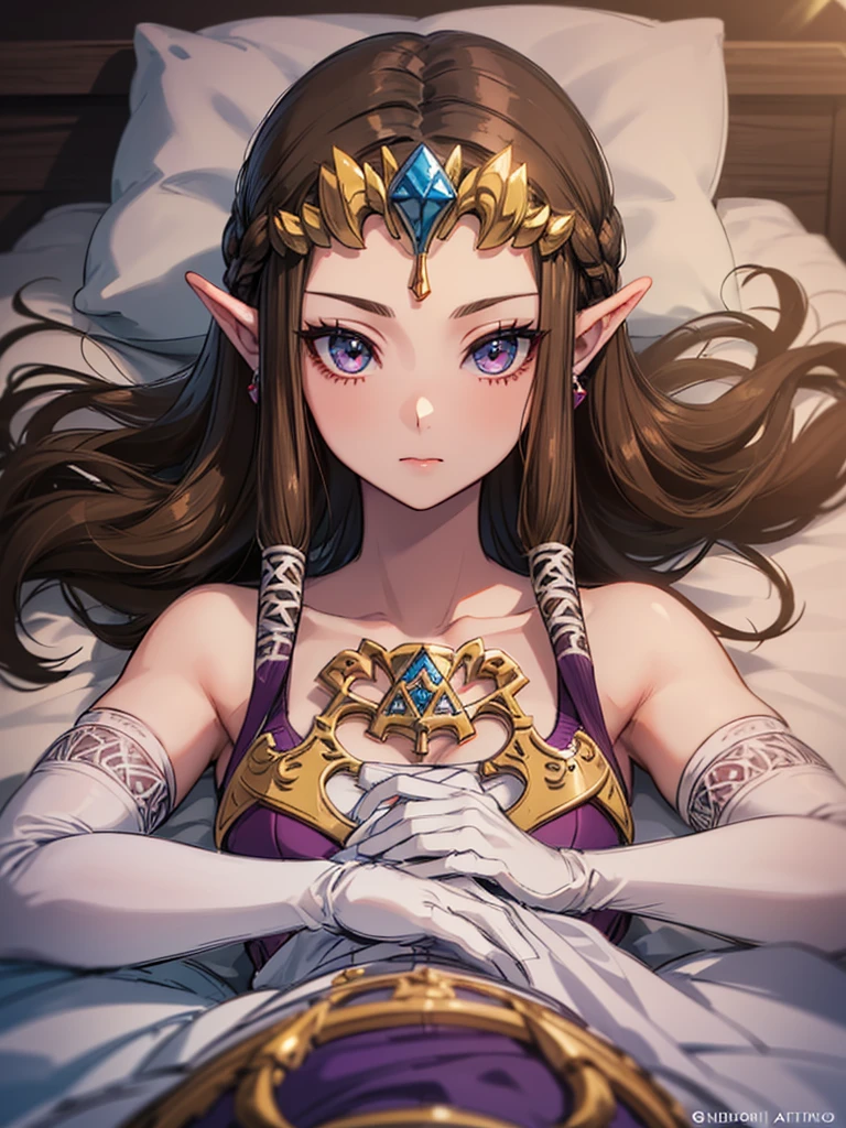 ((Arms above head)),((Princess Zelda)),((the legend of zelda)),((Front face)),((upper body)),Anime art style,masterpiece,(Dark brown hair), (Very detailed),(Very delicate and beautiful),(alone),((((pov)))),(Detailed face and eyes),Beautiful eyes like jewels,(Purple blouse),(((Mature Woman,Queen))),((1 Queen in a beautiful)),((crinoline)),(((Long Straight Hair))),(Very beautiful mature woman),,length_gloves,hair accessory,Sparkling,((Lying in bed))