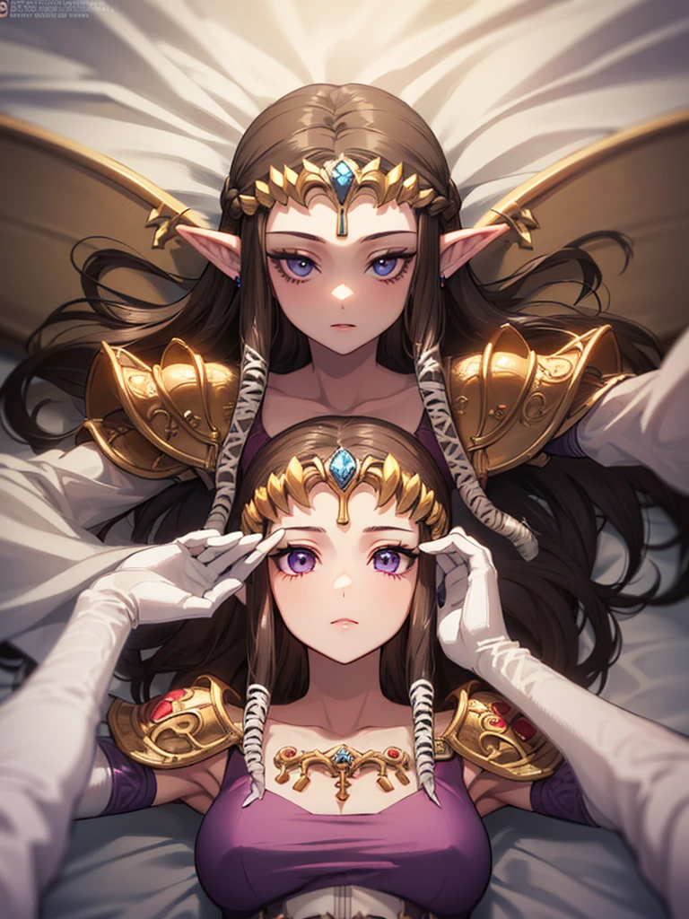 ((Arms above head)),((Princess Zelda)),((the legend of zelda)),((Front face)),((upper body)),Anime art style,masterpiece,(Dark brown hair), (Very detailed),(Very delicate and beautiful),(alone),((((pov)))),(Detailed face and eyes),Beautiful eyes like jewels,(Purple blouse),(((Mature Woman,Queen))),((1 Queen in a beautiful)),((crinoline)),(((Long Straight Hair))),(Very beautiful mature woman),,length_gloves,hair accessory,Sparkling,((Lying in bed))