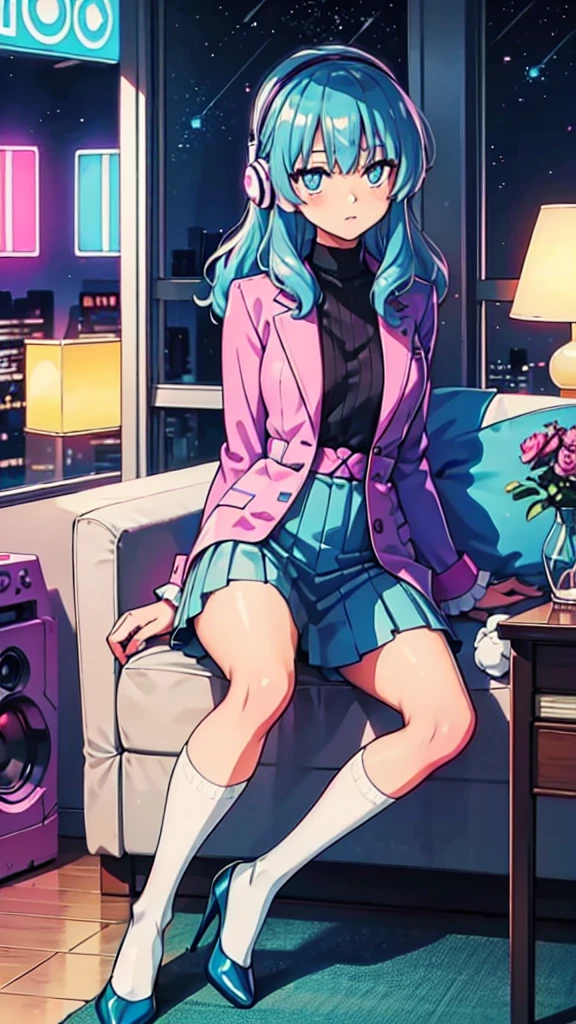 (masterpiece), Highest quality, Expressive eyes, Neon pastel aesthetics, Retro 90s, Neon color,((Girl sitting on sofa,In a cozy room,Records hanging on her wall, Comic books on the floor, Looking out the window behind her at the night city, Upholstered room, Anime figures lined up on a shelf)), Wearing headphones, (All around her it sparkles), (Wearing high socks and heels), (blue eyes), (Soft look), (Synthwave Art Style), Colorful Hair, Desk with PC set up