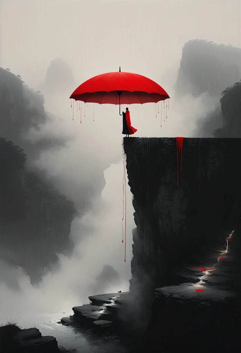 a simple,minimalist illustration, 1 red umbrella suspended in the air,tassels on the umbrella,solitary figure,on a cliff edge,bridge