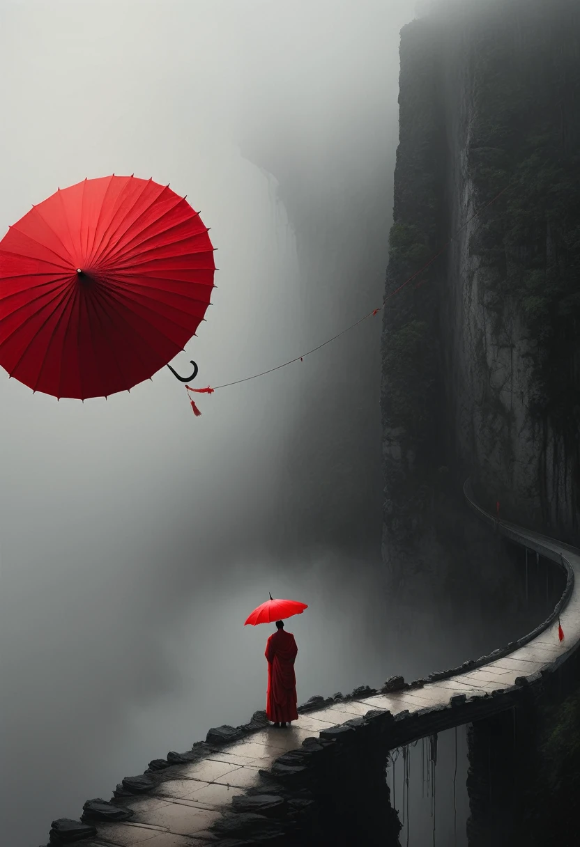 a simple,minimalist illustration, 1 red umbrella suspended in the air,tassels on the umbrella,solitary figure,on a cliff edge,bridge