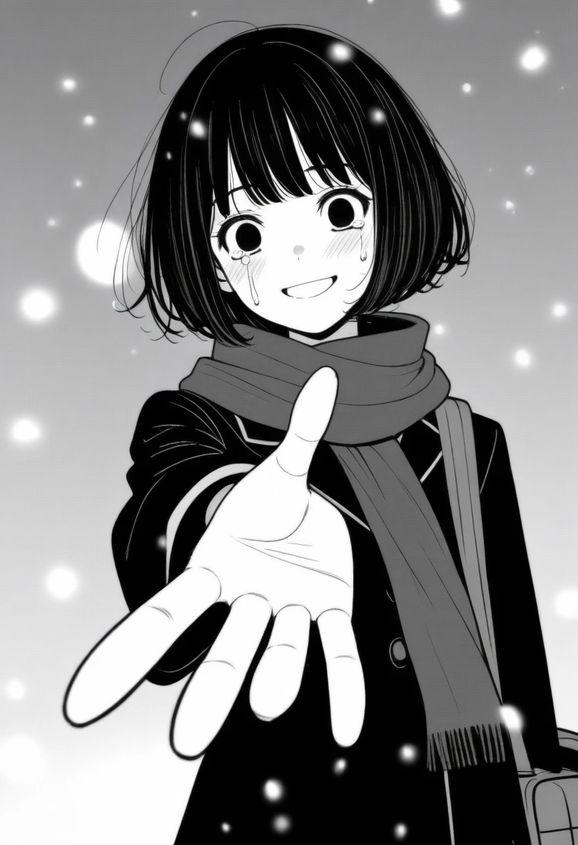 masterpiece, best quality, 1girl, mamerakkkkko, grayscale, manga style, japanese, chi no wadachi, black eyes, street, iced, black hair, schoolbag, smile, lineart, black coat, black scarf, black pleated skirt, leggins, centered, 18 years old, tall, fair skinned, bokeh background, crying, tears, tears streaming, bob cut, light particles, centered, snowing, (((reaching out left hand to viewer, perfect hand, detailed hand:1.1)), emotional anime scene, (very aesthetic, best quality, ultra detailed), intricate details
