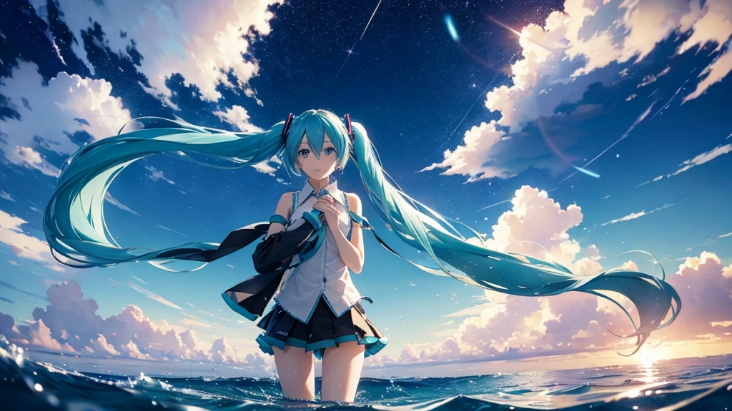 Please draw Hatsune Miku in detail using upscale。The background is just the infinite sky and horizon.、Light particles and electronic ripples are the only decoration。Miku's costume has a simple and modern design.、Her presence stands out in this empty landscape.。