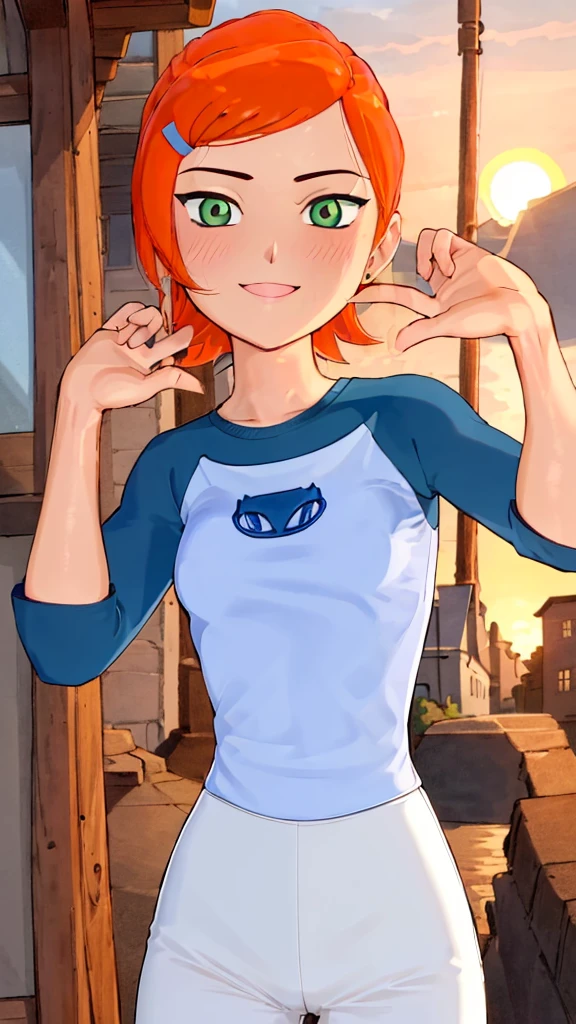 ((best quality)), ((highly detailed)), masterpiece, absurdres, (detailed eyes, deep eyes), (1girl), dynamic pose, upper body, gwen, hairclip, smiling, blue see trough shirt, raglan sleeves, white pants, (outside, in a wild west town, sunset) , hot body , sexy , (medium breasts1.2) , wet , full body , blush