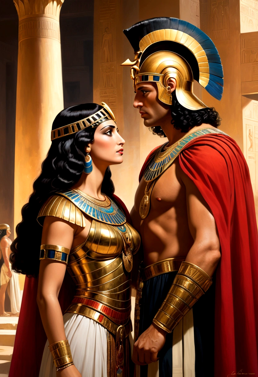 Uma pintura vibrante retrata o romance entre Cleopatra e Julio Cesar. At the center, they look at each other passionately, with a tangible connection. Julio Cesar, Stately, wears his iconic Roman armor and a red cape that flutters dramatically. Cleopatra, dazzling, wears a sensual black dress that highlights her majesty and beauty. The chemistry between them is undeniable, captured in the intense expressions and subtle touches, against a background that suggests the power and grandeur of Egypt and Rome.