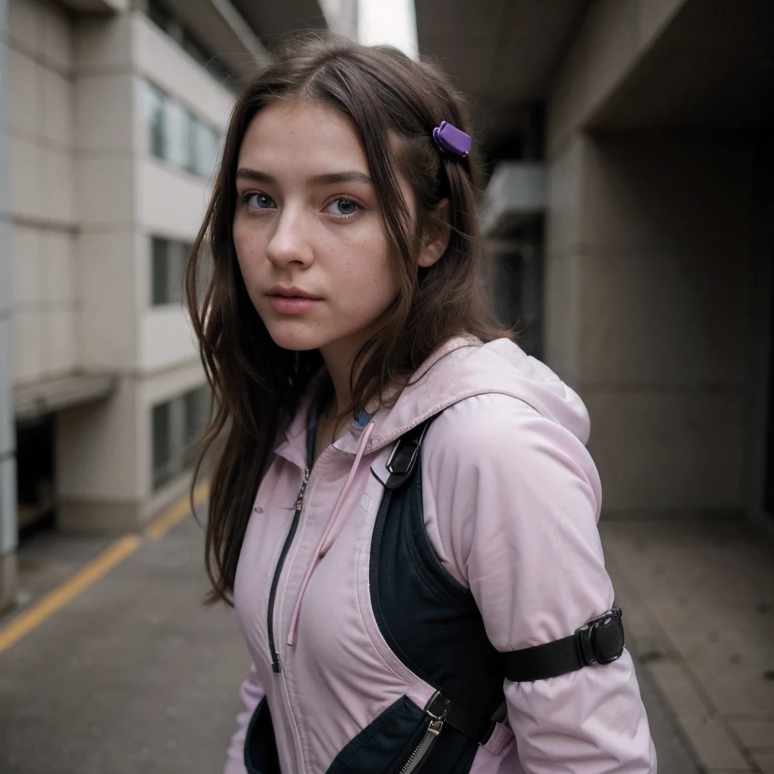 Photo of a college student, Purple Pink, Futuristic space suit, (freckle:0.8) Cute face, Science Fiction, Dystopia, Delicate eyes, Green pupils（（side view））