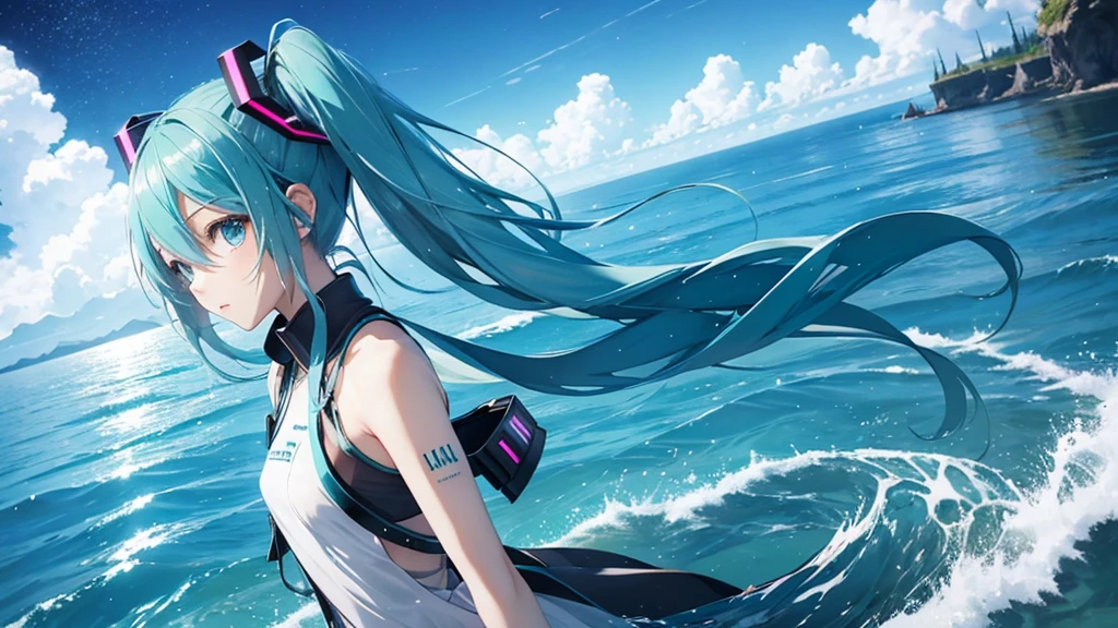 Please draw Hatsune Miku in detail using upscale。The background is just the infinite sky and horizon.、Light particles and electronic ripples are the only decoration。Miku&#39;s costume has a simple and modern design.、Her presence stands out in this empty landscape.。