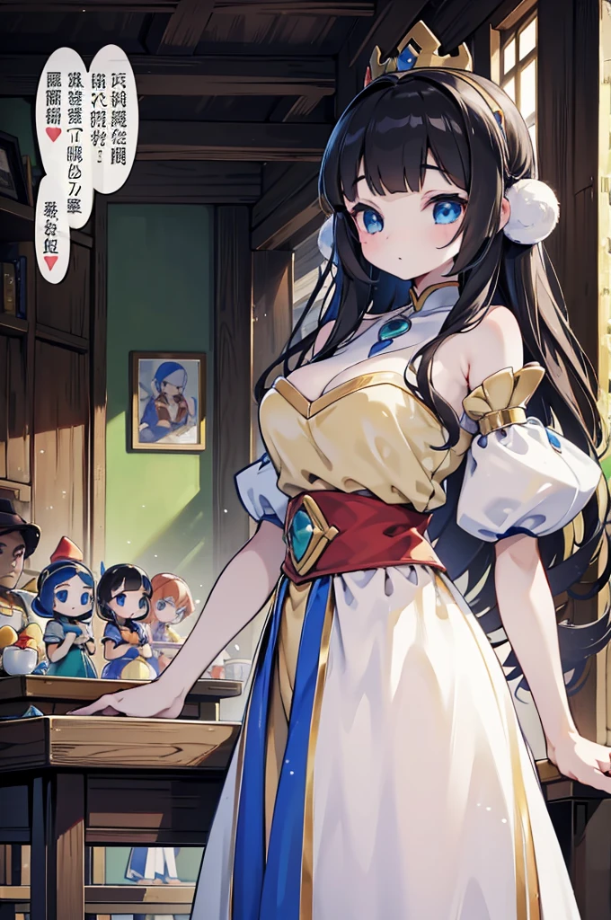 《snow white and the seven dwarfss》，Princess in a gorgeous dress，Princess in a gorgeous dress身边有七个可爱的小矮人，Gorgeous princess girl with some cute dwarfs around her，There are seven cute **********s around the cute girl，Close-up above the waist，《Snow White with the Seven Dwarfs》，Indoor background，木屋Indoor background，Seven dwarfs and a princess，The close-range characteristics of the seven dwarfs，The seven dwarfs closely surrounded Snow White，A girl and seven ***********s，The seven dwarfs stood beside the girl，The seven dwarfs stood beside the girl，A big sister with seven ***********s，Multiplayer Multiplayer，Multiplayer Multiplayer，Multiple characters appear at the same time。