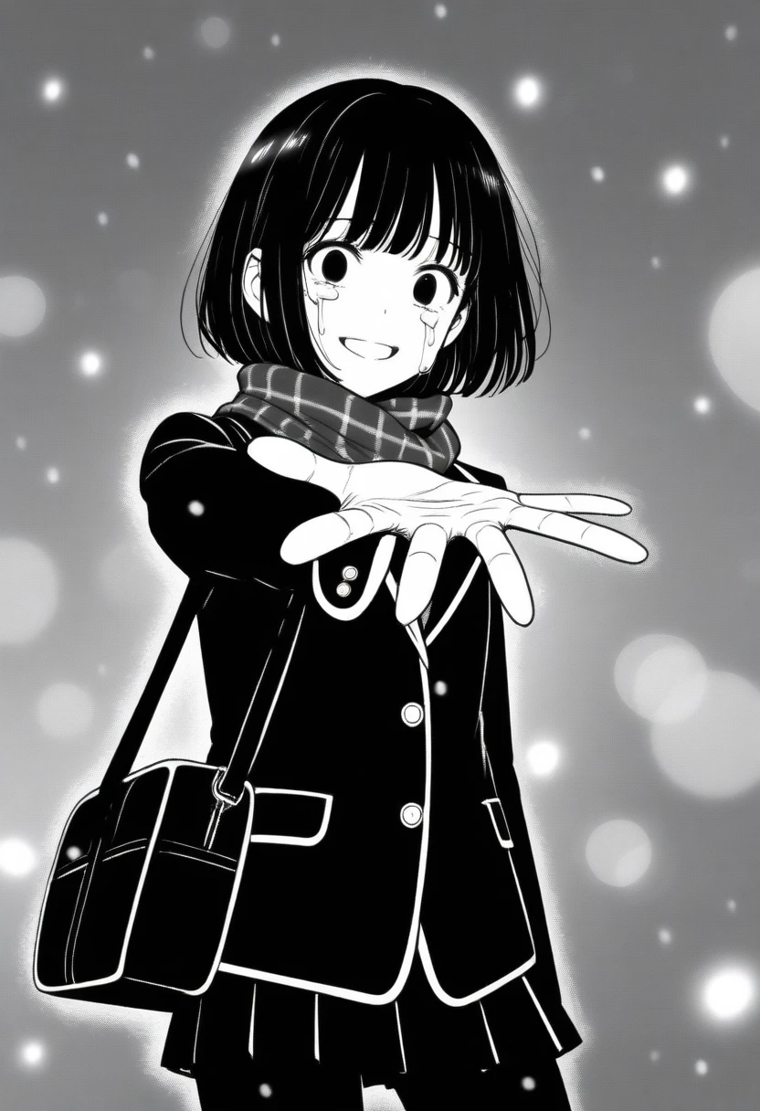 masterpiece, best quality, 1girl, mamerakkkkko, grayscale, manga style, japanese, chi no wadachi, black eyes, street, iced, black hair, schoolbag, smile, lineart, black coat, black scarf, black pleated skirt, leggins, centered, 18 years old, tall, fair skinned, bokeh background, crying, tears, tears streaming, bob cut, light particles, centered, snowing, (((reaching out left hand to viewer, perfect hand, detailed hand:1.1)), emotional anime scene, (very aesthetic, best quality, ultra detailed), intricate details
