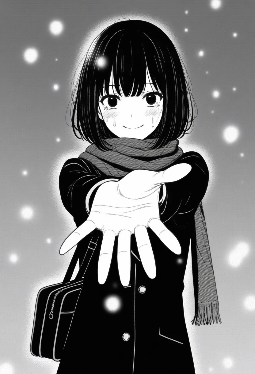 masterpiece, best quality, 1girl, mamerakkkkko, grayscale, manga style, japanese, chi no wadachi, black eyes, street, iced, black hair, schoolbag, smile, lineart, black coat, black scarf, black pleated skirt, leggins, centered, 18 years old, tall, fair skinned, bokeh background, crying, tears, tears streaming, bob cut, light particles, centered, snowing, (((reaching out left hand to viewer, perfect hand, detailed hand:1.1)), emotional anime scene, (very aesthetic, best quality, ultra detailed), intricate details