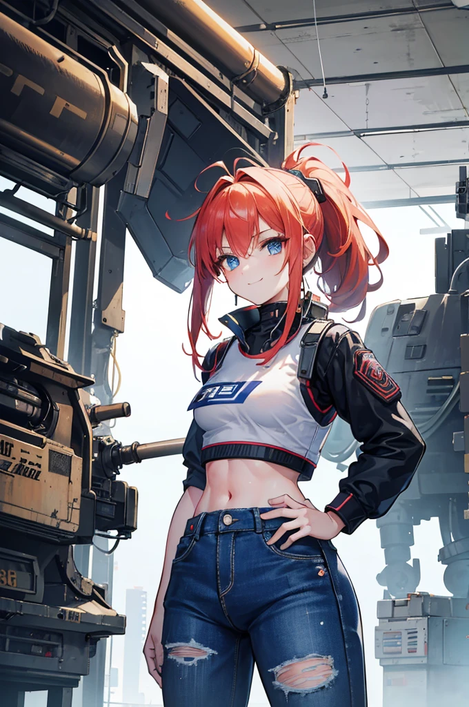 detailed, perfect ???????, female engineer mechanic girl with goggles holding a wrench, dirty tank top, uniform, working on a mecha , japanese mecha, mecha robot, solo focus, blue eyes, strawberry blonde hair, ponytail, denim jeans, repairing machines, smiling, caring, looking upward, high angle, cyberpunk, futuristic, military vibes, diesel punk, indoors, welding, looking at viewer, muscle, toned woman, tomboy, in a futuristic military complex, police department, small jet fighter, white walls, ((BEST QUALITY))