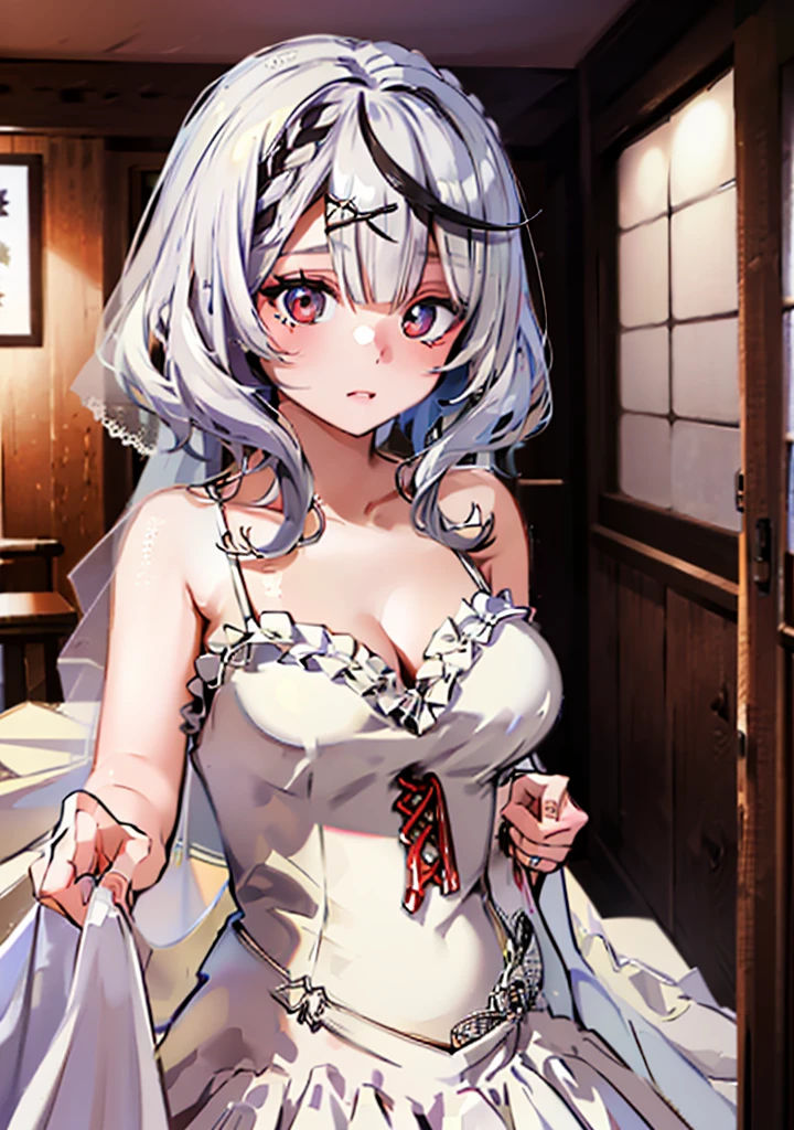 Ultra-high resolution,masterpiece, Attention to detail, Highest quality, 4K,(Silver Hair,short),(Blessed,Captivating body、Ultra-detailed skin、Beautiful Eyes、Detailed Background),One girl、(Wedding dress、Embarrassing:1.3),Wedding hall