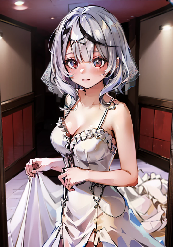 Ultra-high resolution,masterpiece, Attention to detail, Highest quality, 4K,(Silver Hair,short),(Blessed,Captivating body、Ultra-detailed skin、Beautiful Eyes、Detailed Background),One girl、(Wedding dress、Embarrassing:1.3),Wedding hall
