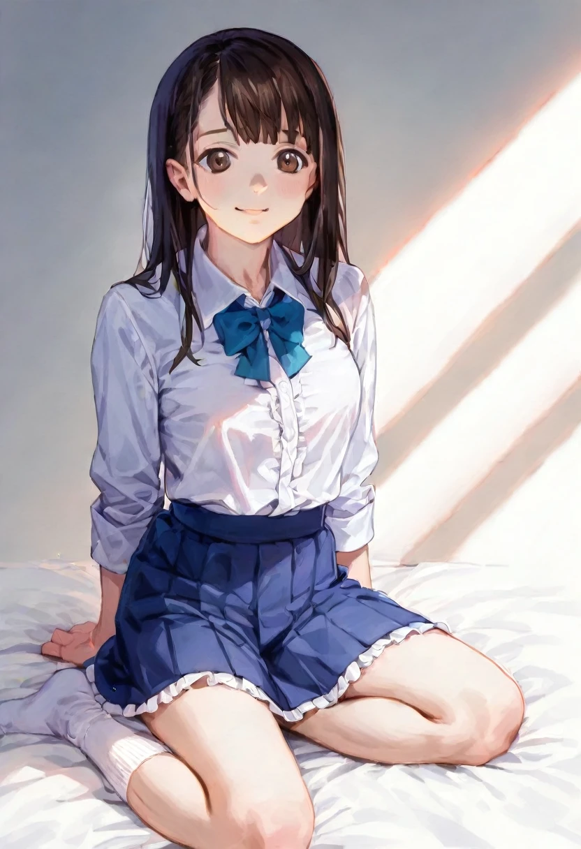 (Photorealistic: 1.4), (超Realisticな: 1.4), (Realistic: 1.3), (Smooth lighting: 1.05), (Improving Cinema Lighting: 0.9), 32k, A Japanese woman with a faint smile, Realistic lighting, Backlight, Face Light, Ray Tracking, (Bright light: 1.2), (Quality improvement: 1.4), ( Highest quality realistic textured skin: 1.4), Fine grain, Detailed face, Quality Eyes, Dark brown eyes, (tired, Sleepy and satisfied: 0.0), Faint lighting, White blouse, bow tie, Navy Blue Skirt, White silk ankle socks with the edges rolled up, White Background, Squatting on the bed with your feet up