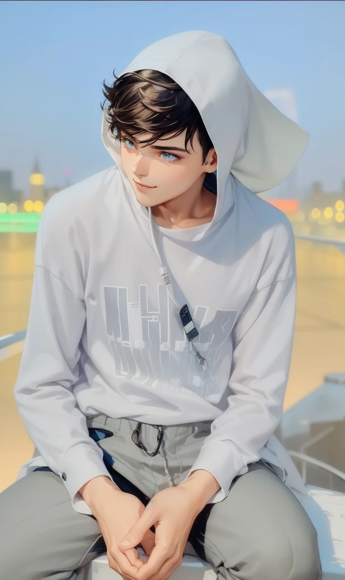 1boy, (extremely beautiful), solo, male focus, cyberpunk, neon lights, vibrant colors, headphones, Cyberpunk, neon, masterpiece, best quality, ultra-detailed, cyberpunk background, detail, in the starry night, moon, explosive and clear eyes, glowing eyes, beautiful details in the wind, little smile.