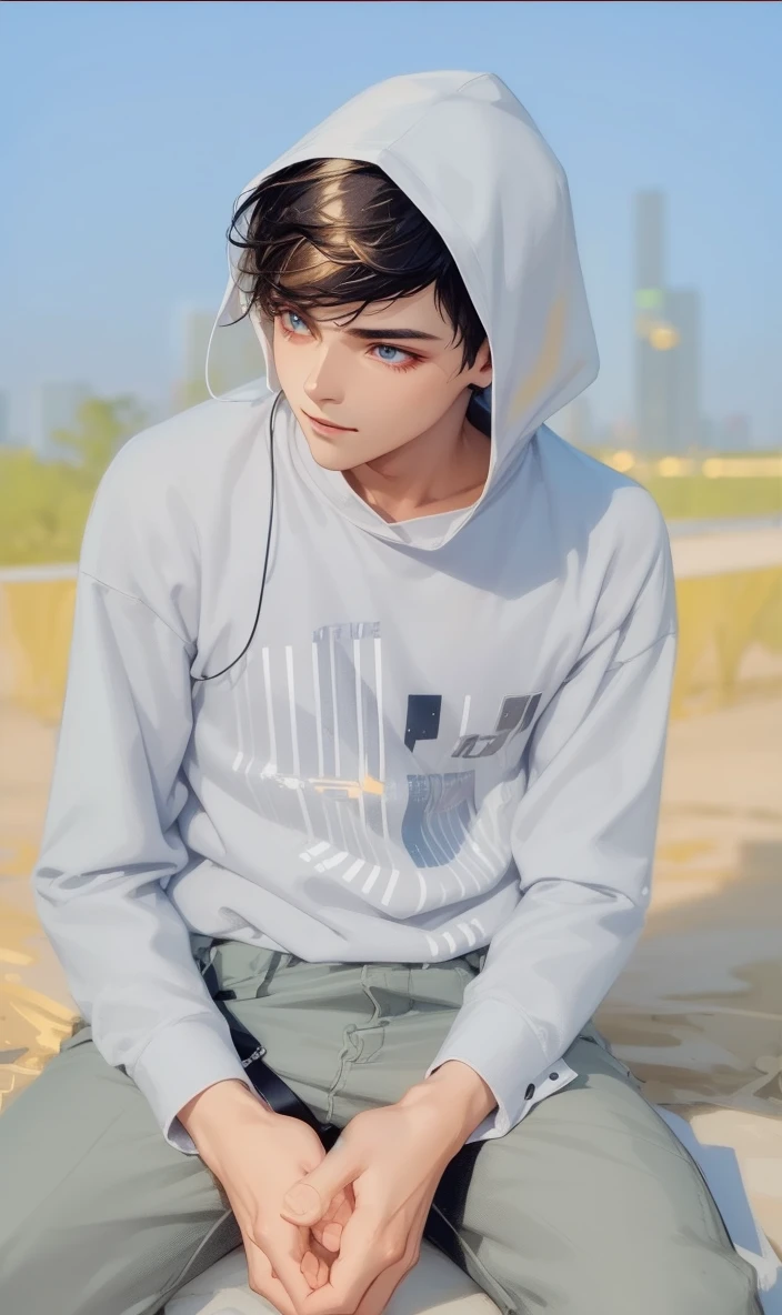 1boy, (extremely beautiful), solo, male focus, cyberpunk, neon lights, vibrant colors, headphones, Cyberpunk, neon, masterpiece, best quality, ultra-detailed, cyberpunk background, detail, in the starry night, moon, explosive and clear eyes, glowing eyes, beautiful details in the wind, little smile.