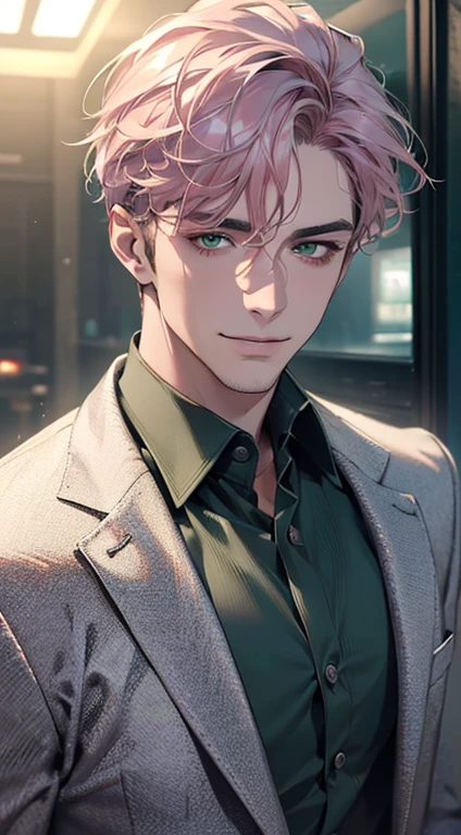 (best quality,4k,8k,highres,masterpiece:1.2),ultra-detailed,(realistic,photorealistic,photo-realistic:1.37),cinematic lighting,1:4 hdr image,a mature man, 29 years old,very handsome,cold expression smile in love, short grey pink hair, green eyes,flawless face,buttoning his jacket,CEO