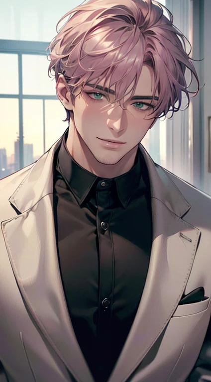 (best quality,4k,8k,highres,masterpiece:1.2),ultra-detailed,(realistic,photorealistic,photo-realistic:1.37),cinematic lighting,1:4 hdr image,a mature man, 29 years old,very handsome,cold expression smile in love, short grey pink hair, green eyes,flawless face,buttoning his jacket,CEO