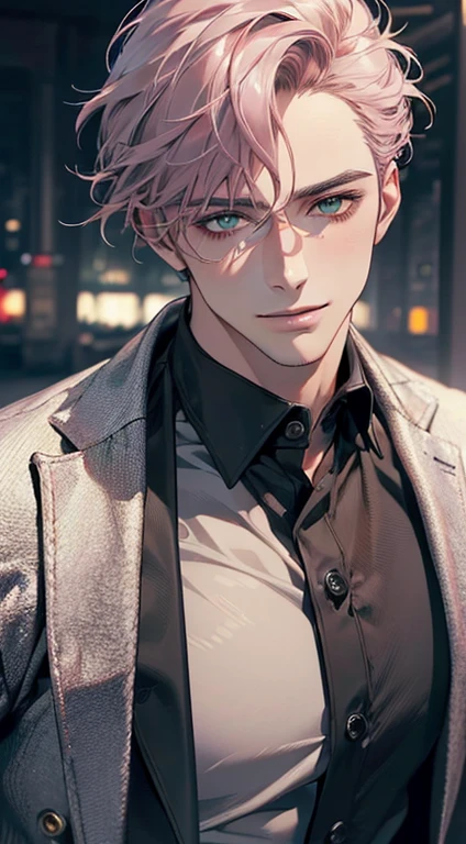 (best quality,4k,8k,highres,masterpiece:1.2),ultra-detailed,(realistic,photorealistic,photo-realistic:1.37),cinematic lighting,1:4 hdr image,a mature man, 29 years old,very handsome,cold expression smile in love, short grey pink hair, green eyes,flawless face,buttoning his jacket,CEO