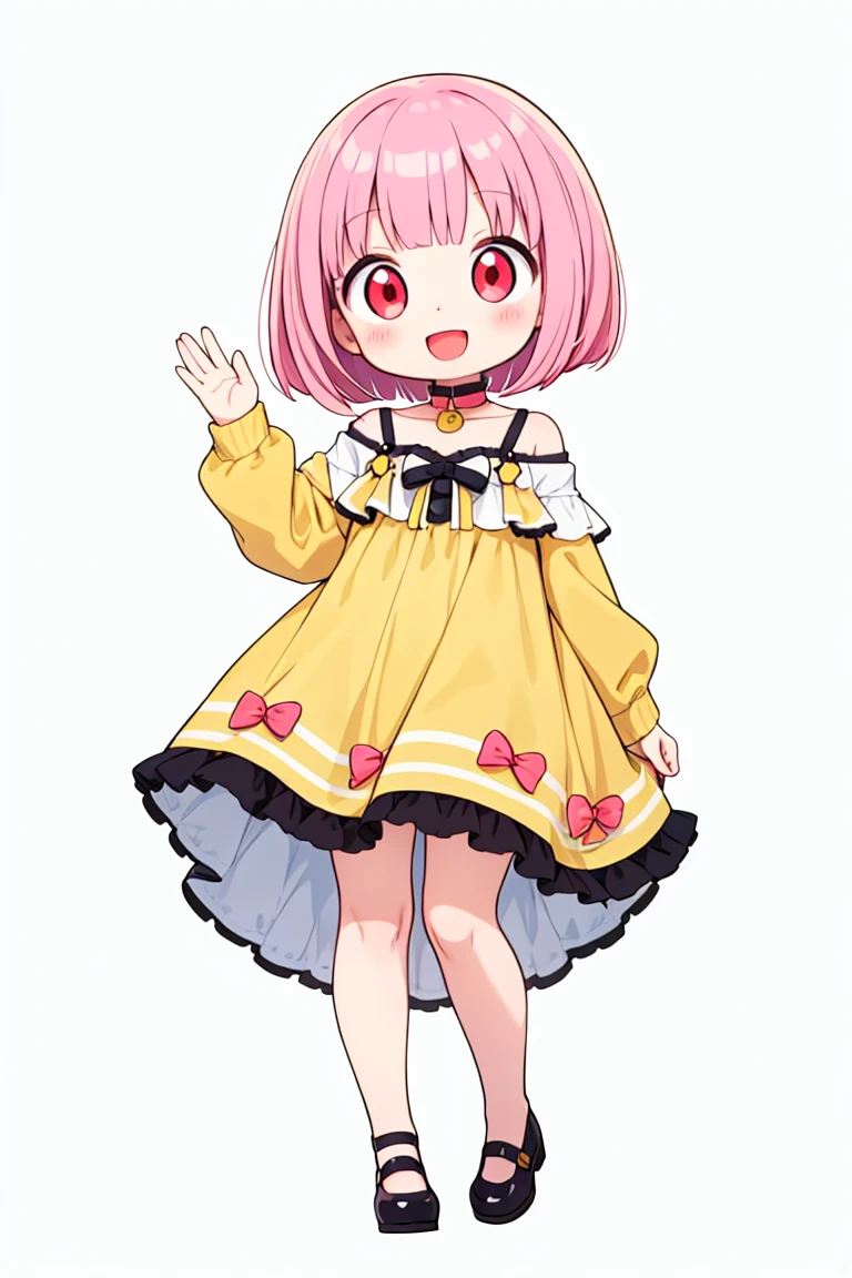 chibi, flat color, solo, full body, cute, (highest quality), pink Hair, Red Eyes, bob cut, ((wavy hair)), off shoulder, Beautiful Eyes, A big smile, A bright and curious personality, Mood makers, Cheerful, open mouth, (yellow Sleep dress), white background, (masterpiece)