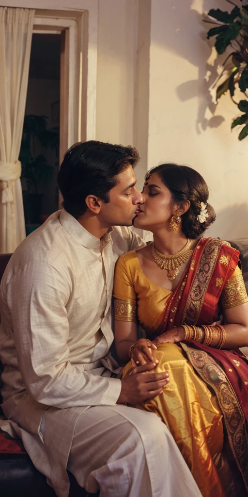 35mm film photography, A middle-aged Caucasian man with short dark hair tenderly embracing and kissing a young, curvaceous South Indian bride dressed in a traditional Indian dawani in a comfortable living room. A group of three Caucasian men observing the couple., high detail, split gradient colors background, full body image