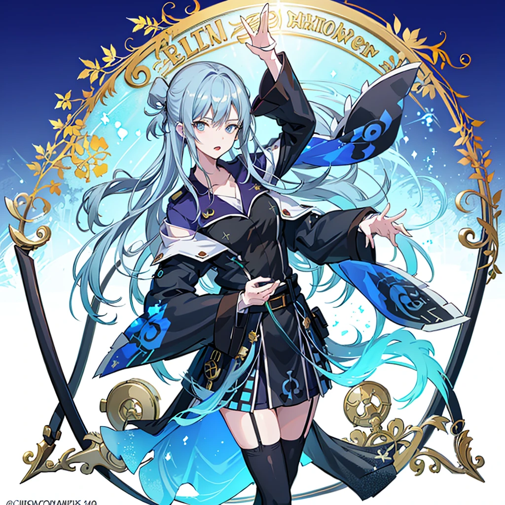 1girl,  solo, outdoors, long hair, holy place, Original,(Illustration:1.1),(Best Quality),(masutepiece:1.1),(the Extremely Detailed CG Unity 8K Wallpapers:1.1), (Colorful:0.9),(mid-shot:0.9tremely detailed beautiful face),(Solo:1.2), (girl),(((Lori))), (Detailed beautiful eyes:1.15), (Beautiful face:1.15), (Glowing blue eyes:1.25////),(((sky blue Long Hair))),(two side up),(+perfect hand+:1.21),(Draw illustration of Japan priestess costume),(slender),(White pleated skirt),(Gothic),((black thighhighs)),(frilld),(Beautiful Slender Lolita Girl),hallowween,standing, girl,10 years old,  girl,foggy place,vampire,sky blue hair,full body,whole body,((cathedral background)),(holy cathedral),