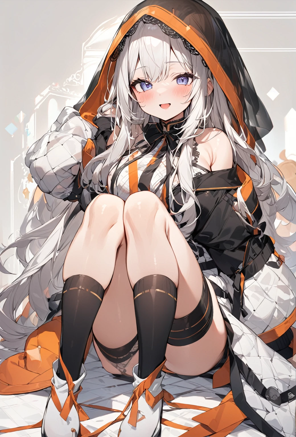 ((Highest quality)), ((masterpiece)), ((Very detailed)), (Very mature),A cute high school girl with a gentle look, white hair and about 165cm tall.,A female high school student with big breasts and a cute smile wearing a transparent black waifus with a cute patterned hood that shows off her shoulders, A gentle woman with a slightly long vertical face,Small Faced Woman,alone, Cute attitude,(background(bright),Long Hair - Straight,Knee-high socks、A transparent white veil with a cute pattern and a hood with white off-the-shoulders,White wall、Sitting、Facing the viewer、縁に模様がある壁が1面のbackground