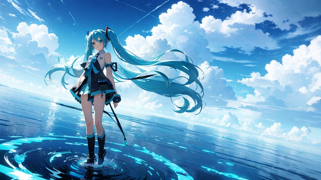 Please draw Hatsune Miku in detail using upscale。The background is just the infinite sky and horizon.、Light particles and electronic ripples are the only decoration。Miku&#39;s costume has a simple and modern design.、Her presence stands out in this empty landscape.。