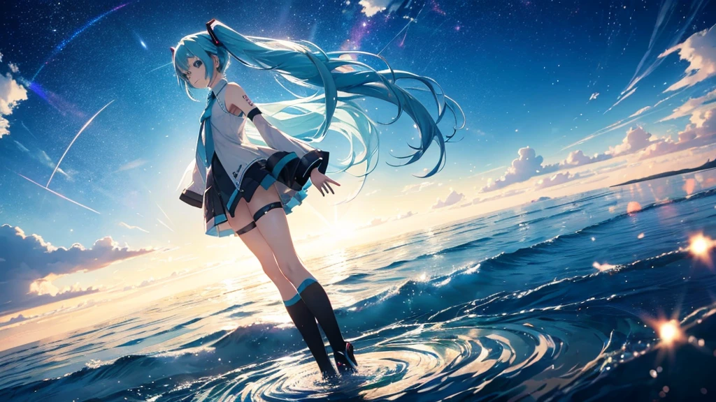 Please draw Hatsune Miku in detail using upscale。The background is just the infinite sky and horizon.、Light particles and electronic ripples are the only decoration。Miku's costume has a simple and modern design.、Her presence stands out in this empty landscape.。
