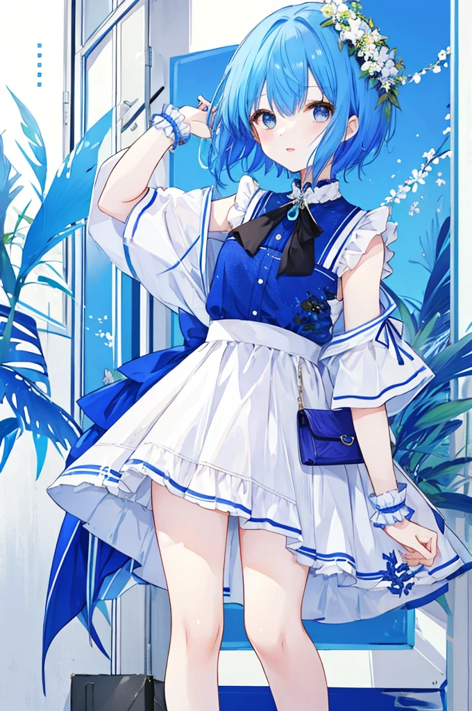 Girl、Blue hair short、Feminine fashion