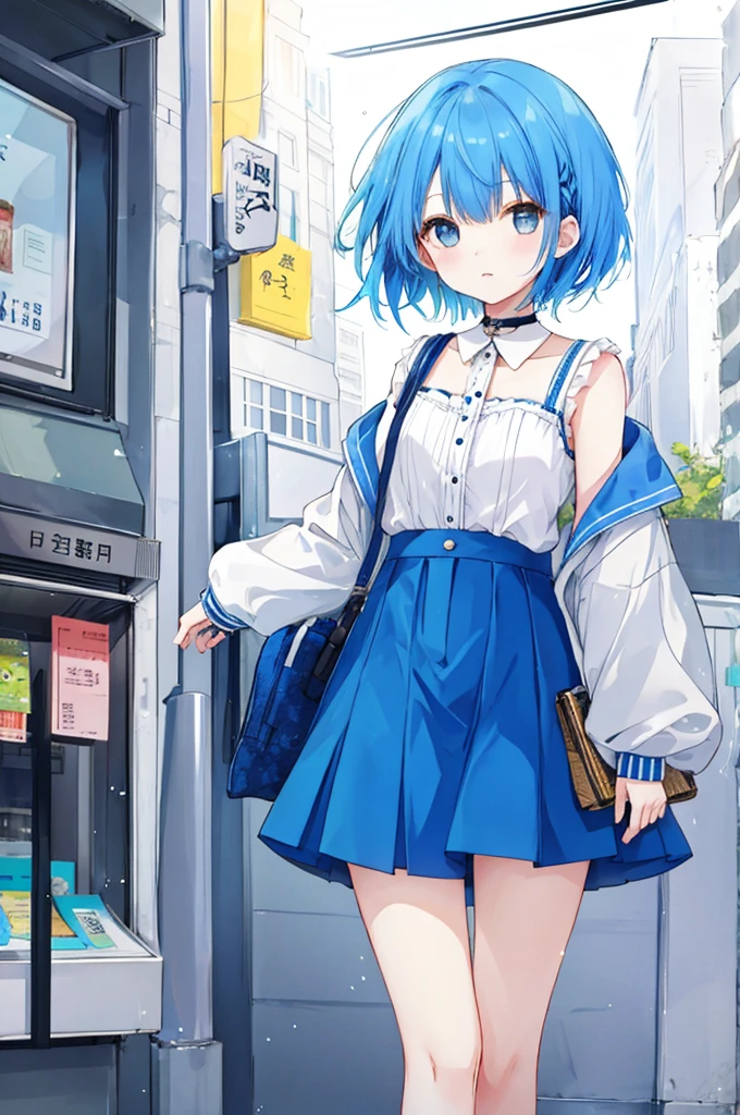 Girl、Blue hair short、Feminine fashion