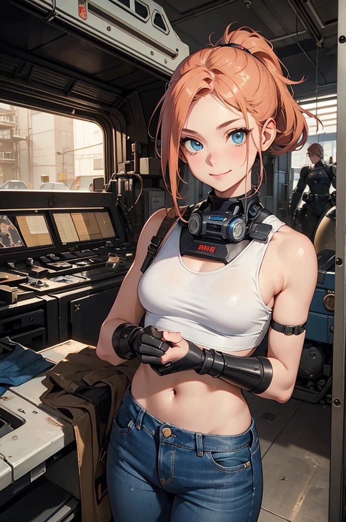 detailed, perfect anatomy, female engineer mechanic girl with goggles holding a wrench, dirty tank top, uniform, working on a mecha , japanese mecha, mecha robot, solo focus, blue eyes, strawberry blonde hair, ponytail, denim jeans, repairing machines, smiling, caring, looking upward, high angle, cyberpunk, futuristic, military vibes, diesel punk, indoors, welding, looking at viewer, muscle, toned woman, tomboy, in a futuristic military complex, police department, small jet fighter, white walls, ((BEST QUALITY))