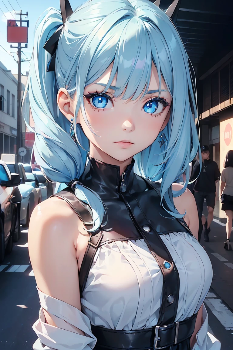 ((1 Girl)), Latest Fashion Trends,Cowboy Shot, Street fashion,cute, Medium Chest, Low Ponytail,sit,((Very detailed,Highest quality, High resolution, 8k wallpaper, Beautiful clothes,)),((Pastel colored hair, Shortcuts,Side Up, ((Asymmetrical bangs)) ,(Bright Blue Eyes),eye shadow, eyeliner,Glowing Eyes, Very detailed目, Complex eyes, Beautiful Eyes, 輝くBright Blue Eyes, 18-year-old girl