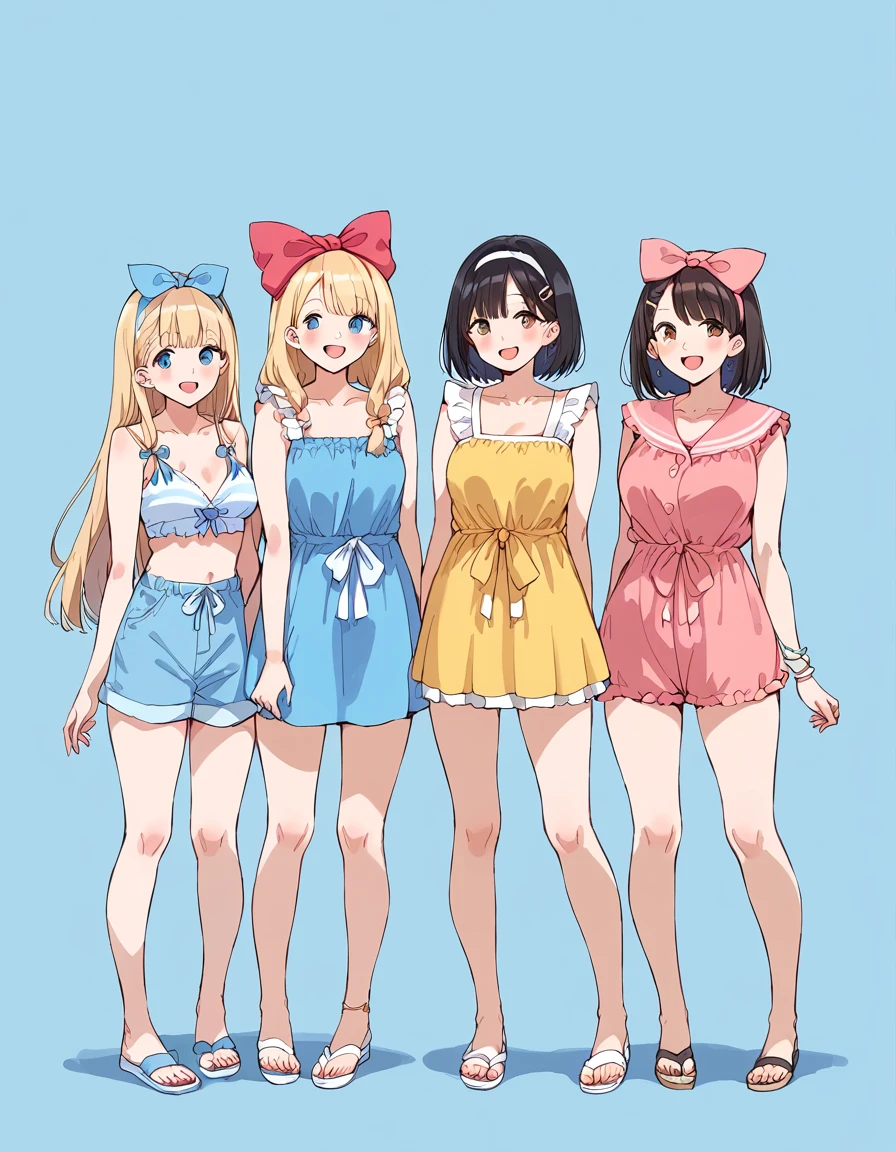 simple background, 4 girls, full body, summer outfit,