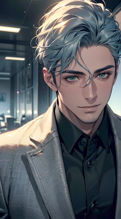 (best quality,4k,8k,highres,masterpiece:1.2),ultra-detailed,(realistic,photorealistic,photo-realistic:1.37),cinematic lighting,1:4 hdr image,a mature man, 29 years old,very handsome,cold expression smile in love, short grey blue hair, green eyes,flawless face,buttoning his jacket,CEO