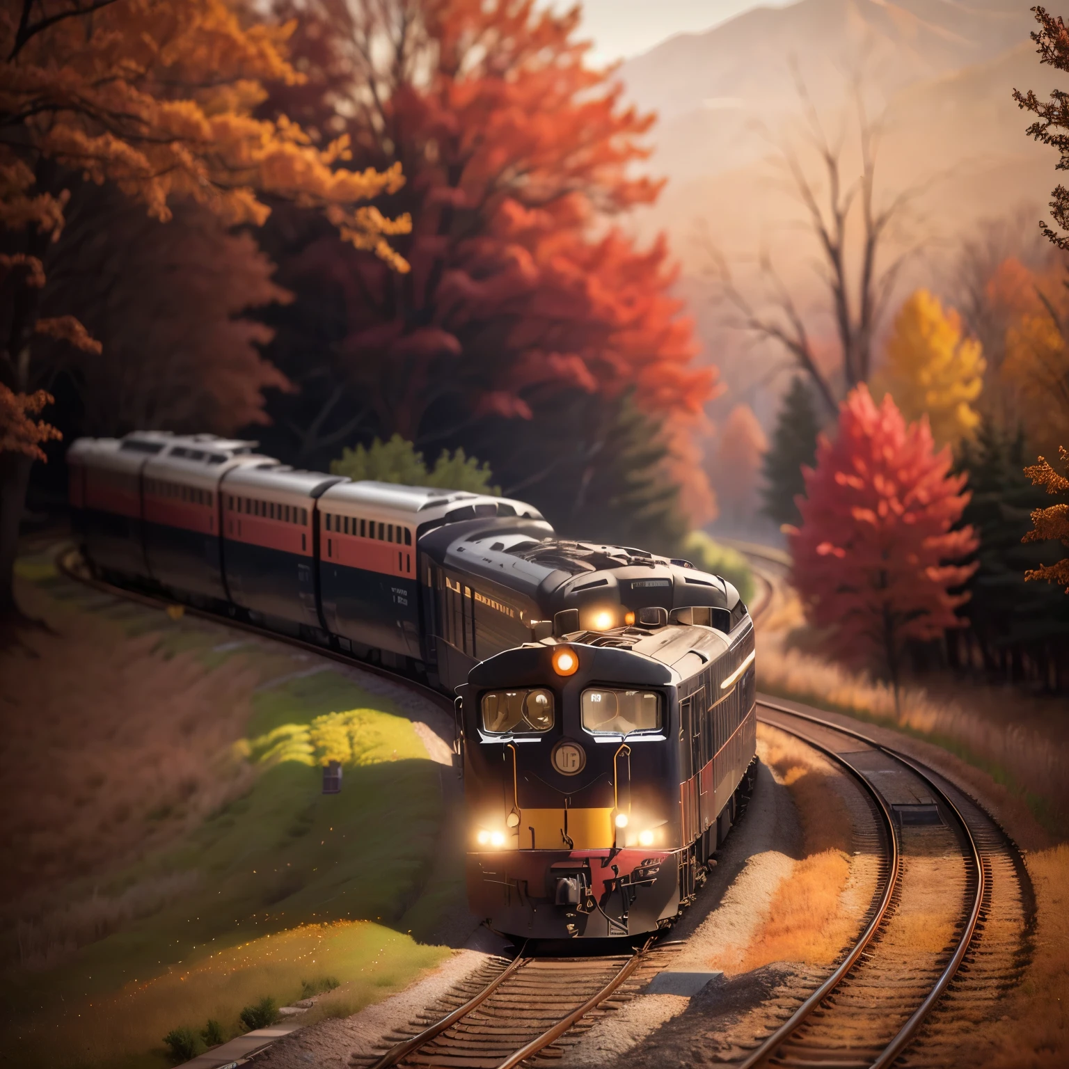 araffe train on the tracks in the fall with trees in the background, train, traverse, 2000s photo, fall season, choo choo, former, fan favorite, contour, suburban, by David Palumbo, trains, journalism photo, by Chris Rahn, mid shot photo, offset, by Ken Elias, alternate angle, by Greg Spalenka